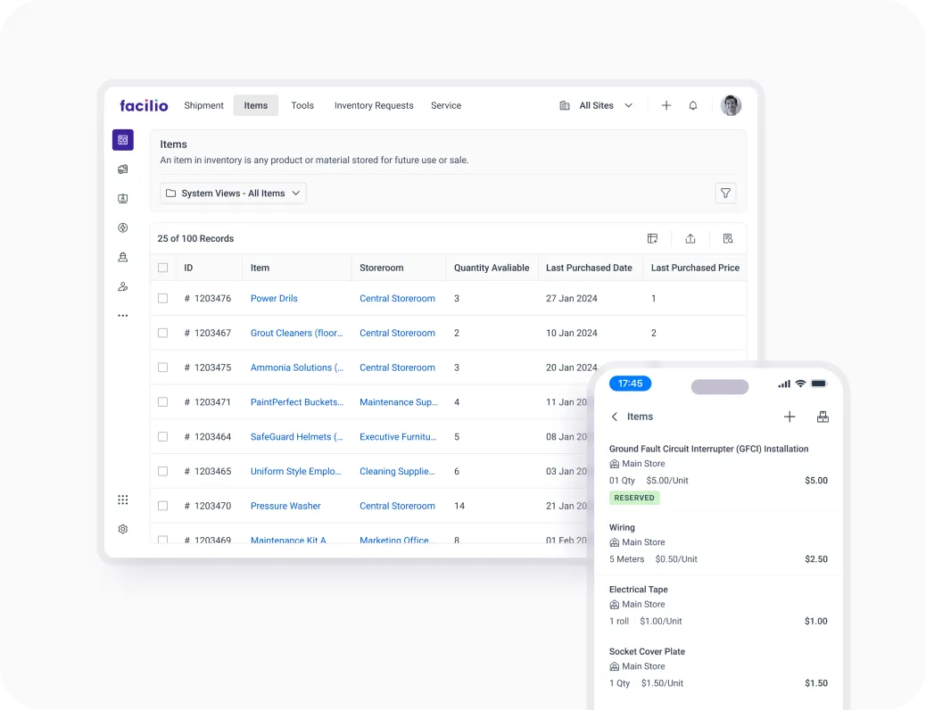 Inventory management feature monitoring stock levels, tracking item movement, and managing requests for field operations.Reply