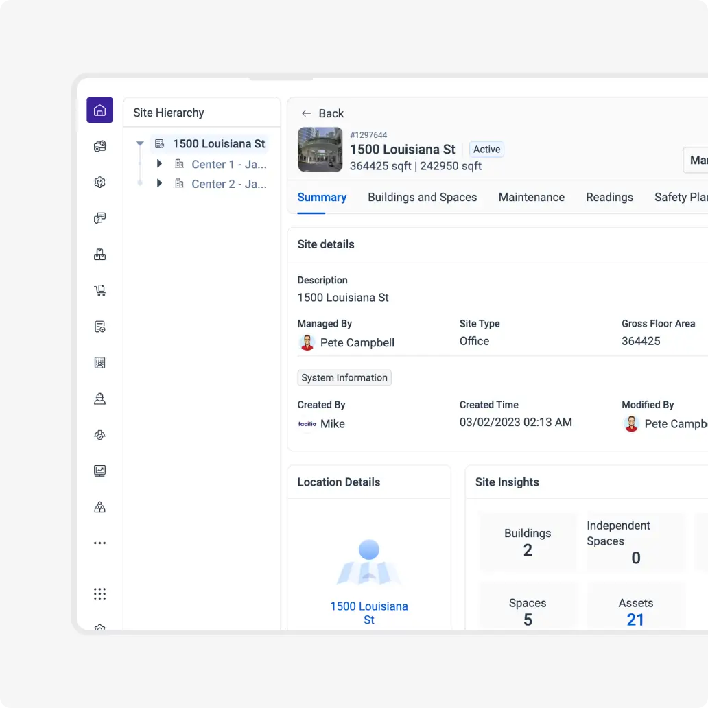 Dispatch console of Facilio's Field Service Management software displaying technician assignments and real-time job tracking.