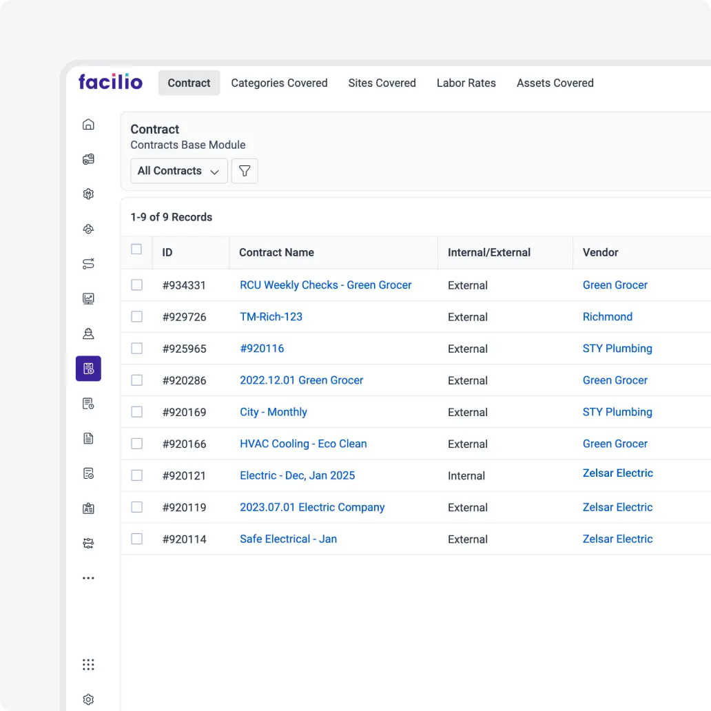 Facilio’s contract management module showing vendor agreements and automated renewal tracking