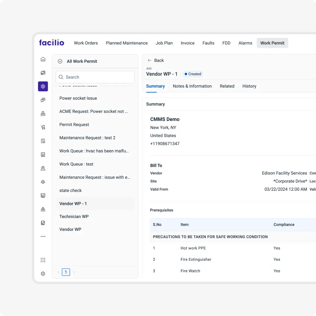 Facilio’s work permit approval system with vendor compliance and safety prerequisites tracking